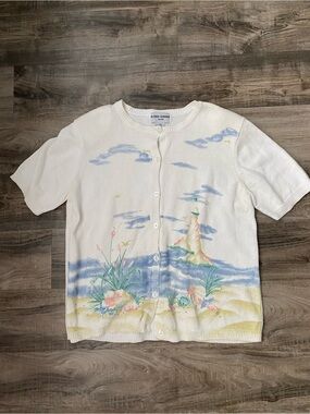 Alfred Dunner White Short-Sleeve Lighthouse Beach Scene Cardigan